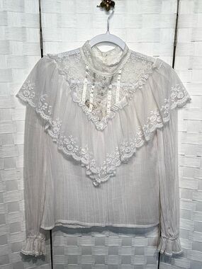 Gunne Sax Vintage White Lace Victorian Long Sleeve Lace Detail Blouse Small